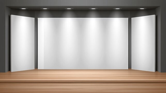 Empty modern gallery exhibition space with spotlights and wooden floor for display