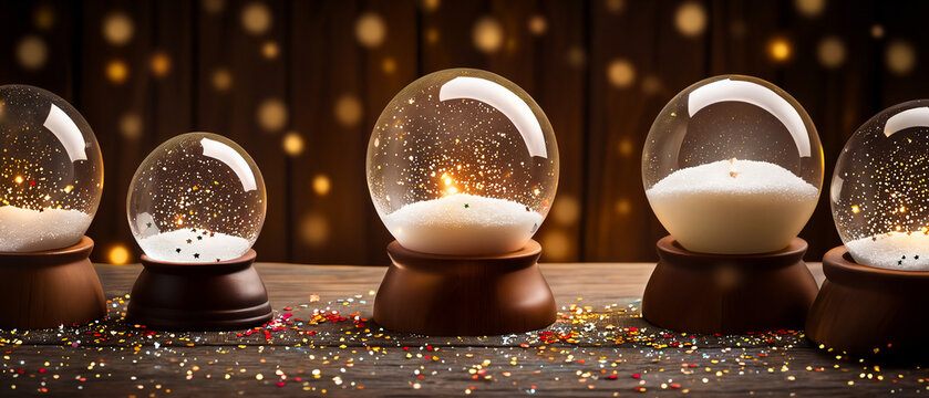 Row of empty Christmas snow globes on a wooden table with festive bokeh background