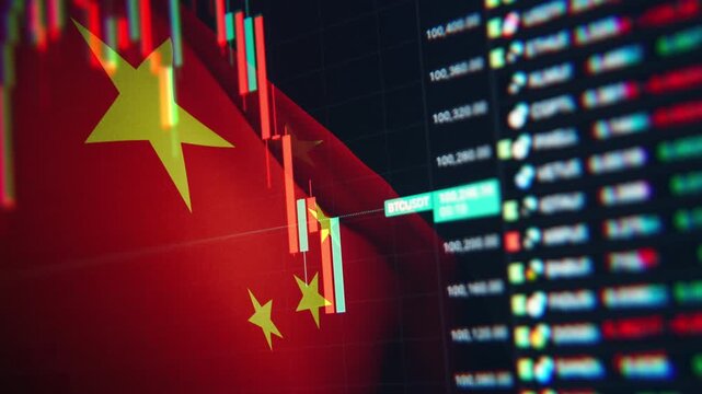 A dynamic timelapse video featuring fast moving stock market candlestick bars blended with a waving Chinese flag, representing China economy, financial markets, and Asian trading dynamics.