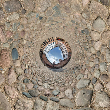 creative tiny planet photo of a rural landscape with dirt road, green fields, and cloudy sky forming a circular world.