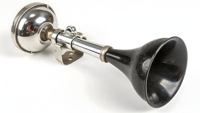 Vintage bicycle horn made of chrome and black metal rests on a solid white surface.
