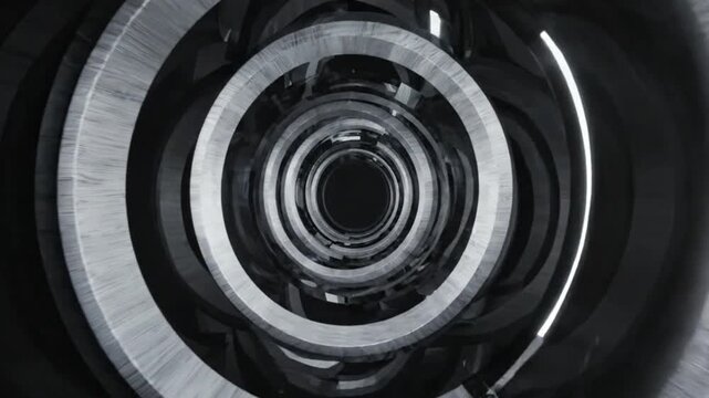 Metallic concentric rings spinning in dark depth creating endless motion blur effect within this high speed industrial animation video footage