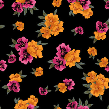 Black background with pink and orange abstract print seamless floral pattern