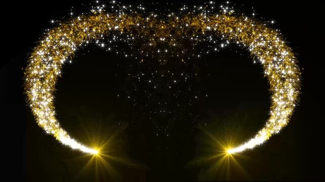 Glowing golden glitter line with sparkling star particles, magical fairy dust trail, bright light flare elegant comet tail effect for luxury logo reveal and cinematic transition, black background. 4K