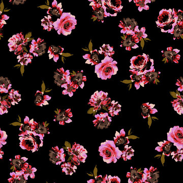 Black background with red and pink rose abstract seamless floral print pattern