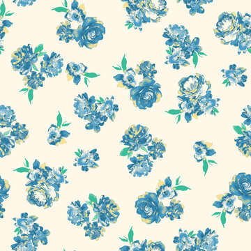 Offwhite background with abstract blue rose seamless floral print pattern
