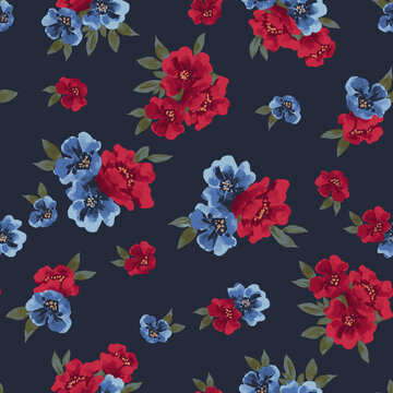 Abstract black background multicolour bunch seamless floral print pattern