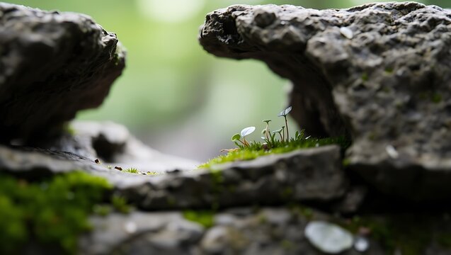 tiny green seedlings growing in a rocky crevice macro
