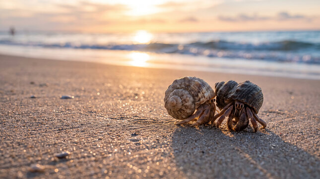 Two hermit crabs on a sandy beach at sunrise, with gentle waves and soft sky colors, symbolizing nature, travel, and tranquility
