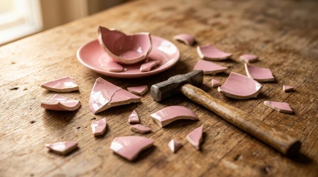 A wooden table displays a shattered pink ceramic item resembling a cracked piggy bank, surrounded by shards and a metal hammer, captured in soft natural light, underscoring the broken piggy