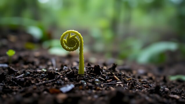 young green fern sprout fiddlehead emerging from dark soil