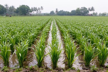 Fototapeta premium The Rice Field with Ordered Rows of Green Young Plants in Flooded Paddies