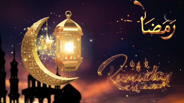 Ramadan candle lanterns are hanging on dawn sky background with glowing stars and a crescent. There is a space on top for your message text and logo. 3d animation. Ramadan Kareem holy month. 3d render