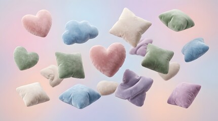 Obraz premium 3D Render of Soft Pastel Velvet Pillows Floating in Surreal Dreamlike Background