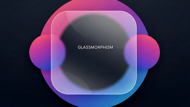 Frosted glass rounded square with blurred colorful circles on dark background abstract
