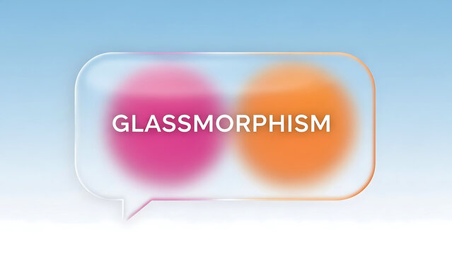 Frosted glass speech bubble with pink and orange circles and text glassmorphism communication chat