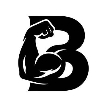 Black letter B fitness logo flexing bicep icon on white background.