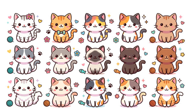 Adorable Cartoon Cat Breeds Seamless Grid Icon Set