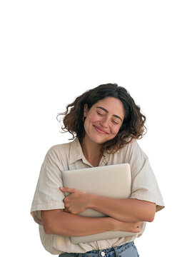 Happy young woman hugging her laptop computer with affection and closed eyes isolated on black isolated on transparent or white background, png