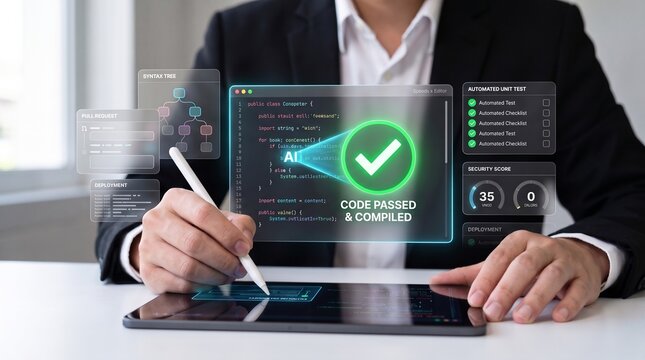 ai powered code review. automated software testing and syntax validation. intelligent debugging solution. software engineer using digital stylus on tablet to inspect compiled source code.