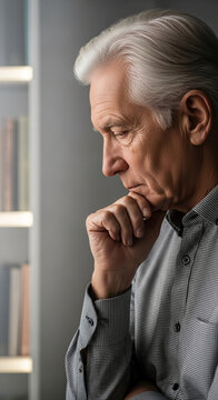 Profile of an elderly man with white hair, deep in thought, his hand on his chin, representing wisdom and reflection