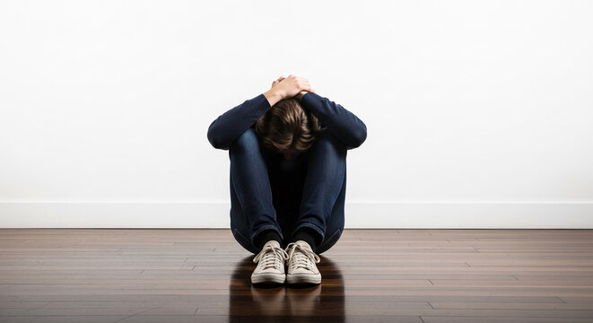 Person sitting on floor with head in hands, showing distress or sadness, symbolizing mental health and emotional struggle.