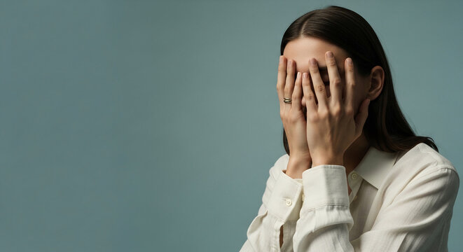 A woman covers her face with her hands, symbolizing sadness or shyness, against a muted blue background, conveying a sense of introspection or vulnerability