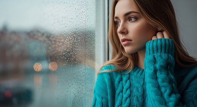 Young woman with blonde hair wearing a teal sweater, looking out window with rain, symbolizing introspection, contemplation, and indoor comfort.