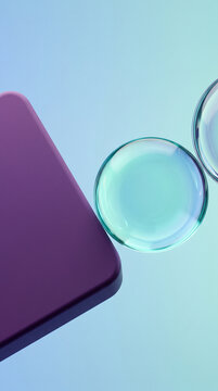 Minimalist composition featuring a purple geometric shape with translucent, iridescent bubbles against a soft gradient background, symbolizing innovation and fluidity