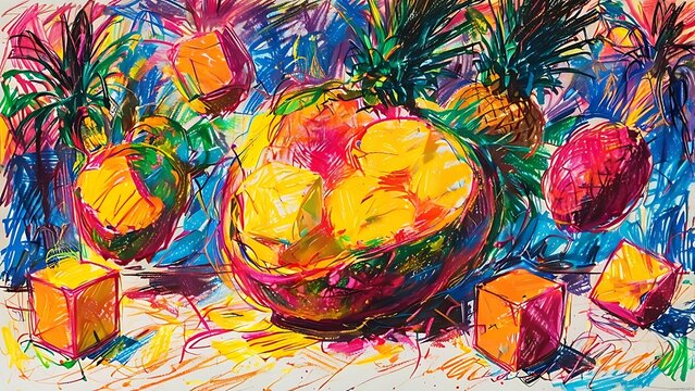 Vibrant abstract art featuring sliced pineapples and cubes with bold colorful strokes.