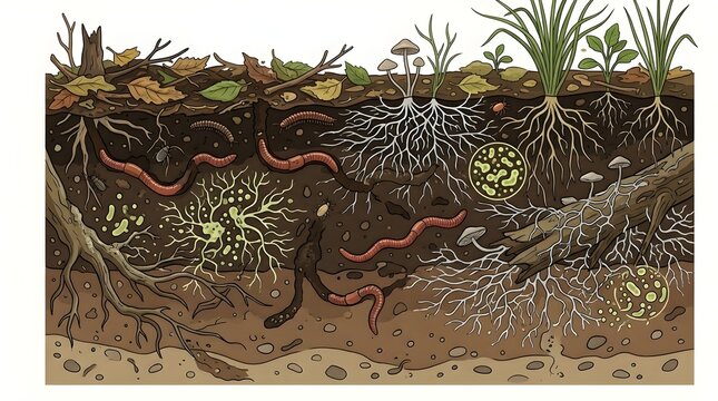 Detailed illustration of soil layers showing roots, earthworms, fungi, and decomposition