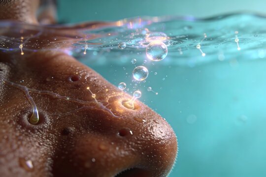 Glowing oxygen bubbles rise through a translucent barrier on deep brown melanin rich skin illustrating a futuristic dermatology concept