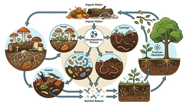 Decomposition Process and Nutrient Cycle in Ecosystem Educational Diagram