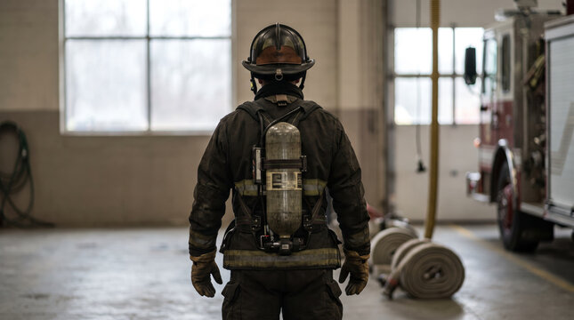 Firefighter wearing heavy protective turnout gear and breathing apparatus SCBA tank on his back inside a fire station. Emergency responder.