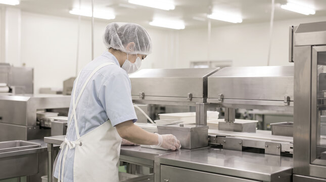 Food processing worker wearing a hairnet, mask, apron, and gloves assembling food packages in a stainless steel sanitary factory environment.