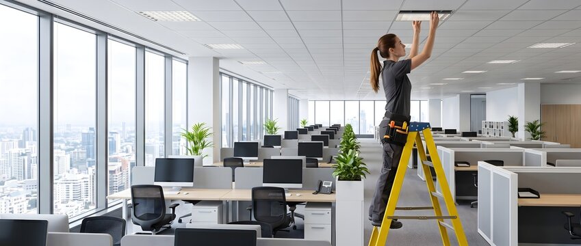 Female electrician on yellow ladder installing ceiling lamp in office.