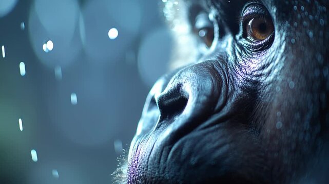Pensive gorilla looking up at gently falling snow against a dreamy, blurred blue background