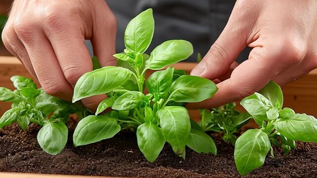 Male hands carefully touching and checking young green basil seedlings growing in fertile soil