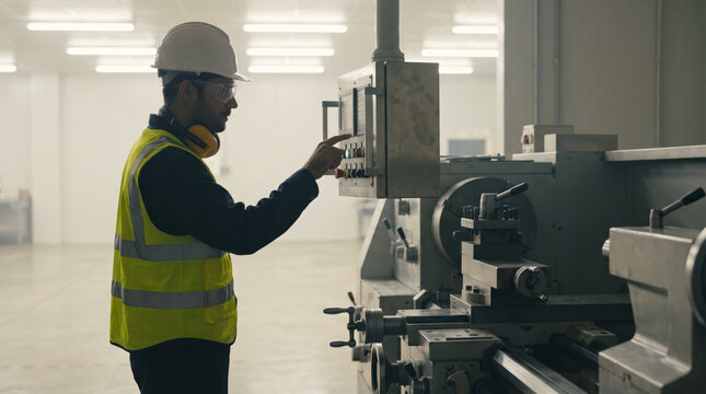 Factory technician wearing a safety helmet, ear defenders, and high-visibility vest operating a heavy machinery control panel. Industrial safety.