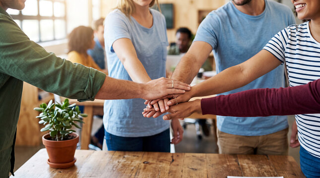 Diverse team stacking hands in unity, symbolizing collaboration and teamwork in a modern office environment
