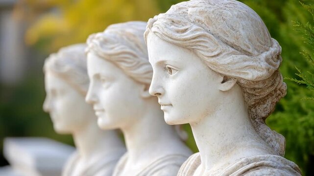 Three identical classic style white marble statues of a woman head standing in a row outdoors