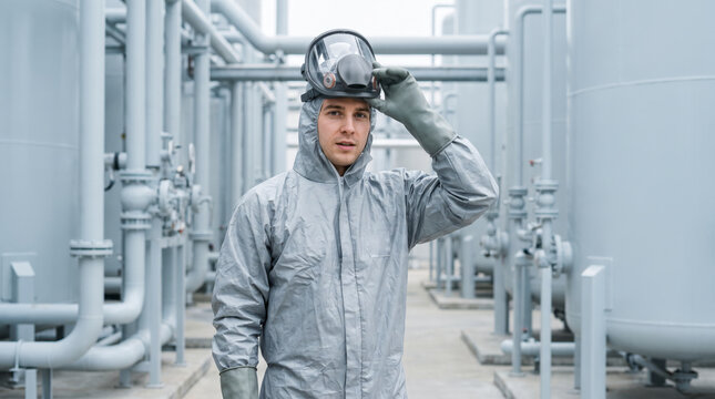 Industrial worker wearing a full protective hazmat suit, rubber gloves, and a face shield mask standing near chemical plant pipes. PPE safety gear.