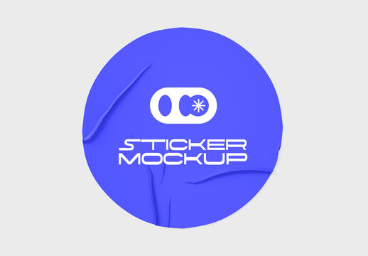 Realistic Round Blue Sticker Mockup with Curled on Light Background