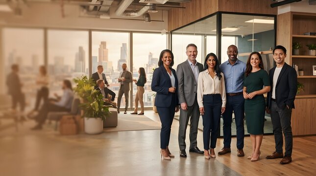 Diverse business team of six professionals smiling in a modern office environment with blurred colleagues working in background.