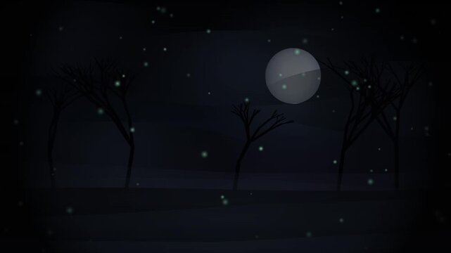 Dark creepy forest scene with full moon silhouette trees and floating glowing fireflies for Halloween