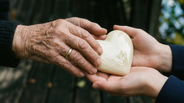 Elderly and young hands coming together to share a heart representing love and compassion across generations