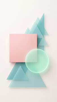 Abstract composition of pastel pink rectangle and translucent mint circle over layered teal triangles, symbolizing geometric harmony and modern design.