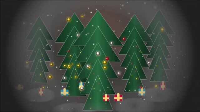 Flat design Christmas pine trees decorated with glowing baubles, present boxes and falling snowflakes