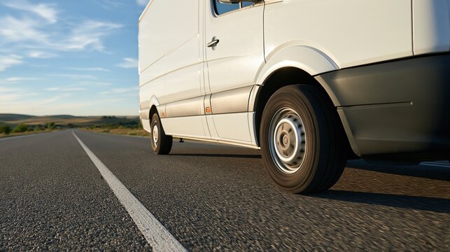 White Cargo Van Driving on Open Highway Road Under Sunny Sky with Clouds