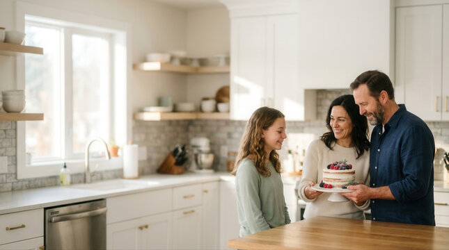 Joyful family gathering in a vibrant kitchen featuring a stunning cake and cherished memories together